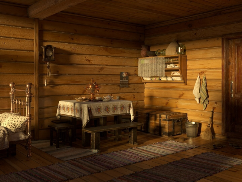 interior, russian hut, hut, table, bed