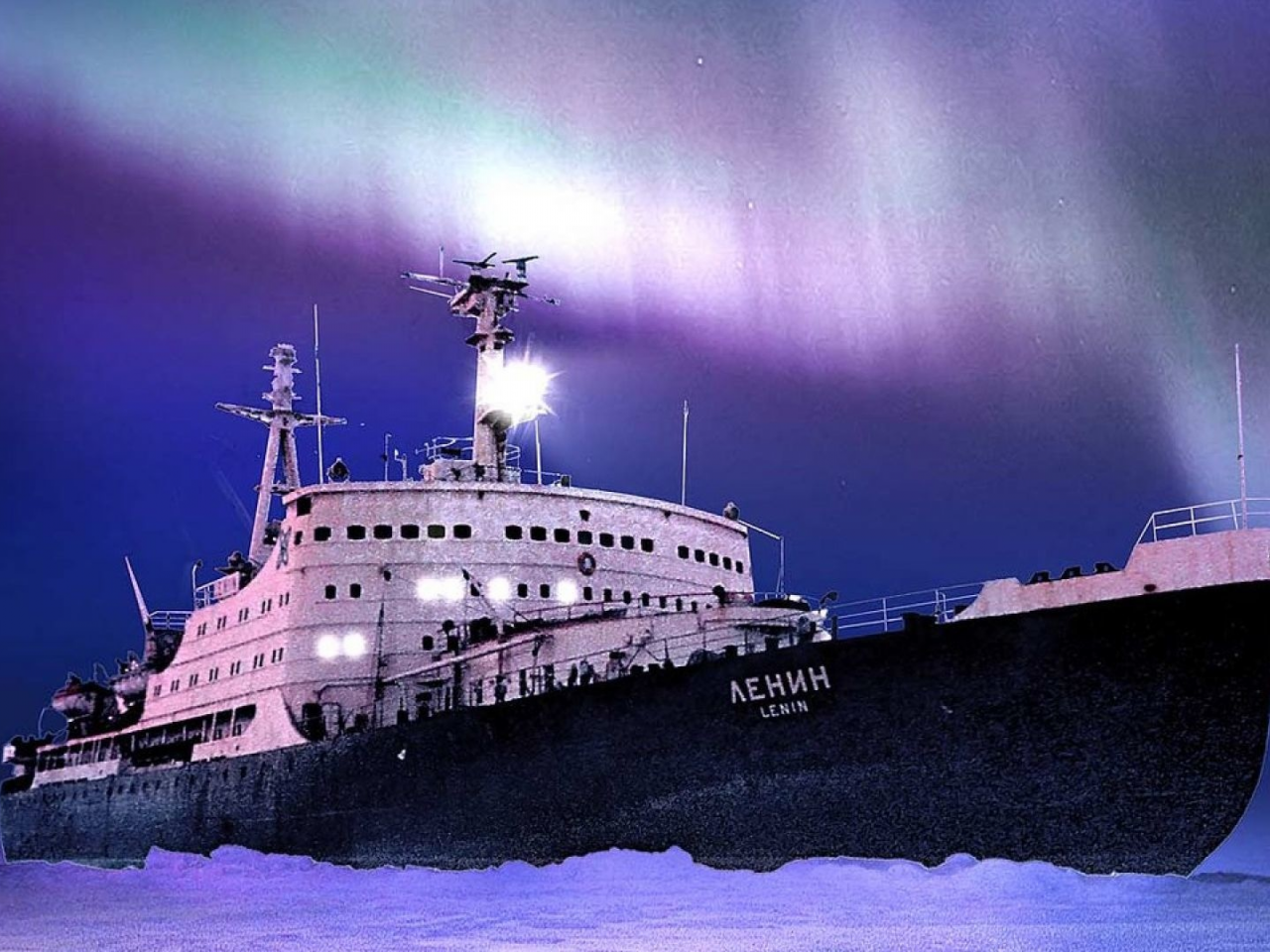 ship, icebreaker, northern lights, snow, ice, lenin