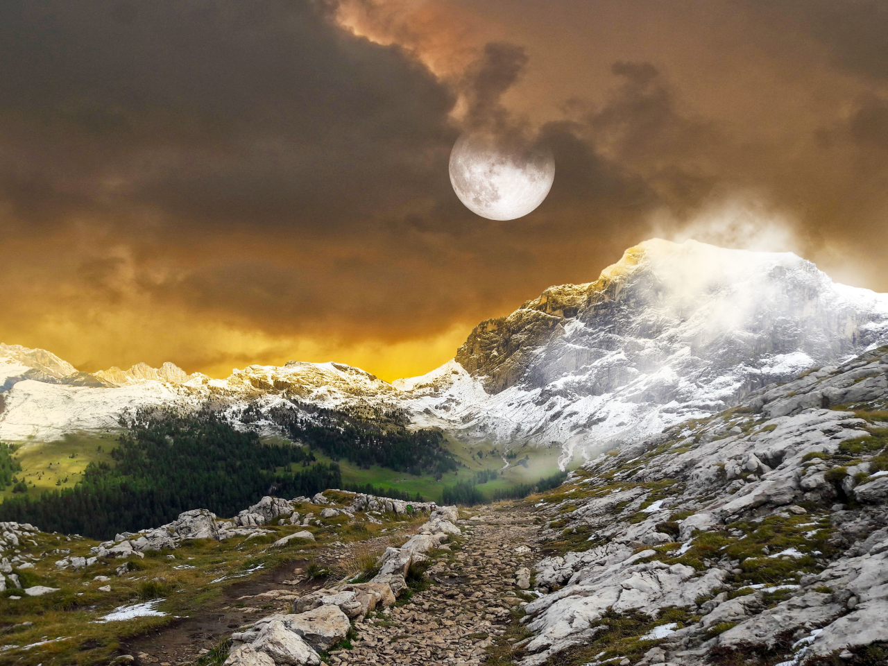 mountains, landscape, full moon, hiking, trail pathway, snow