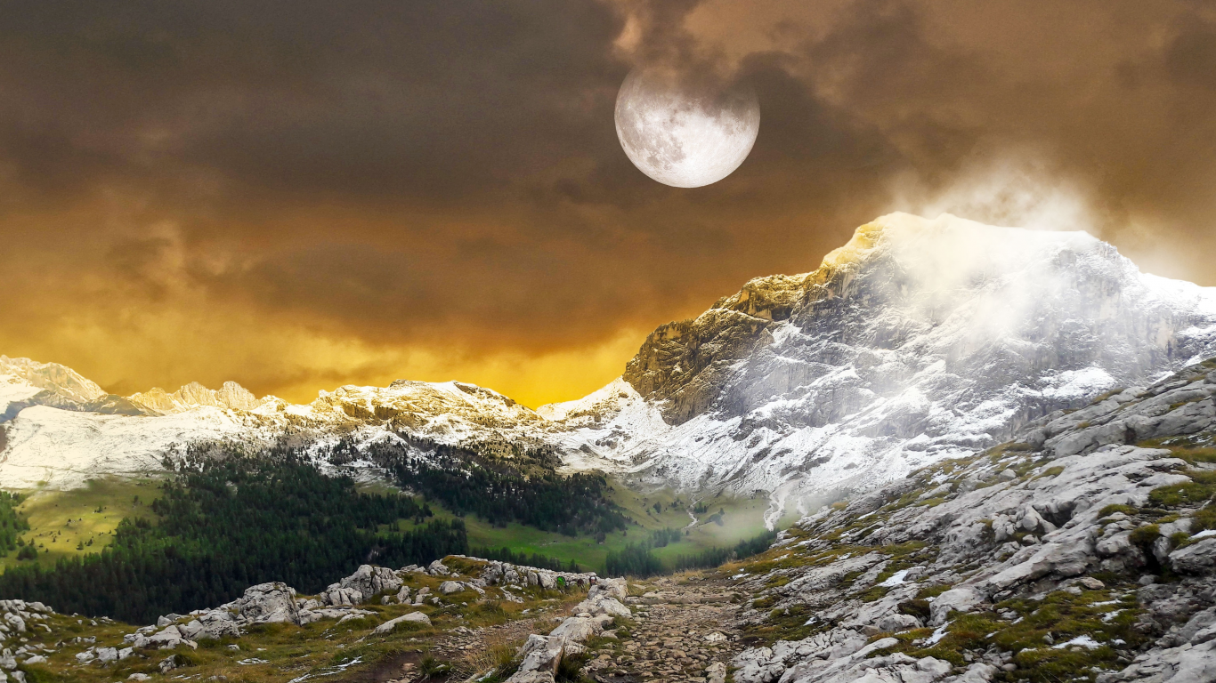 mountains, landscape, full moon, hiking, trail pathway, snow