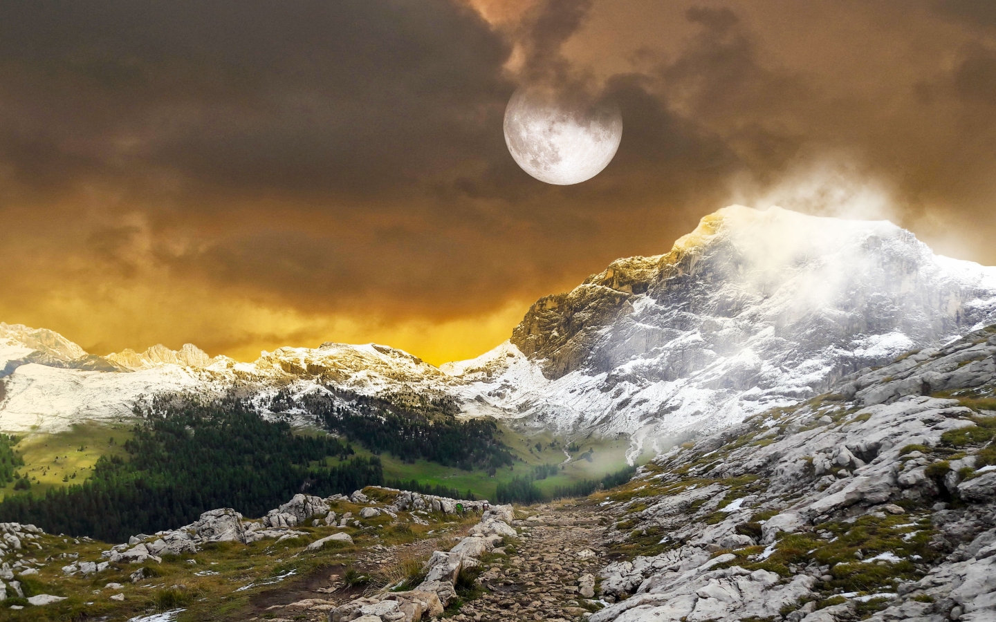 mountains, landscape, full moon, hiking, trail pathway, snow