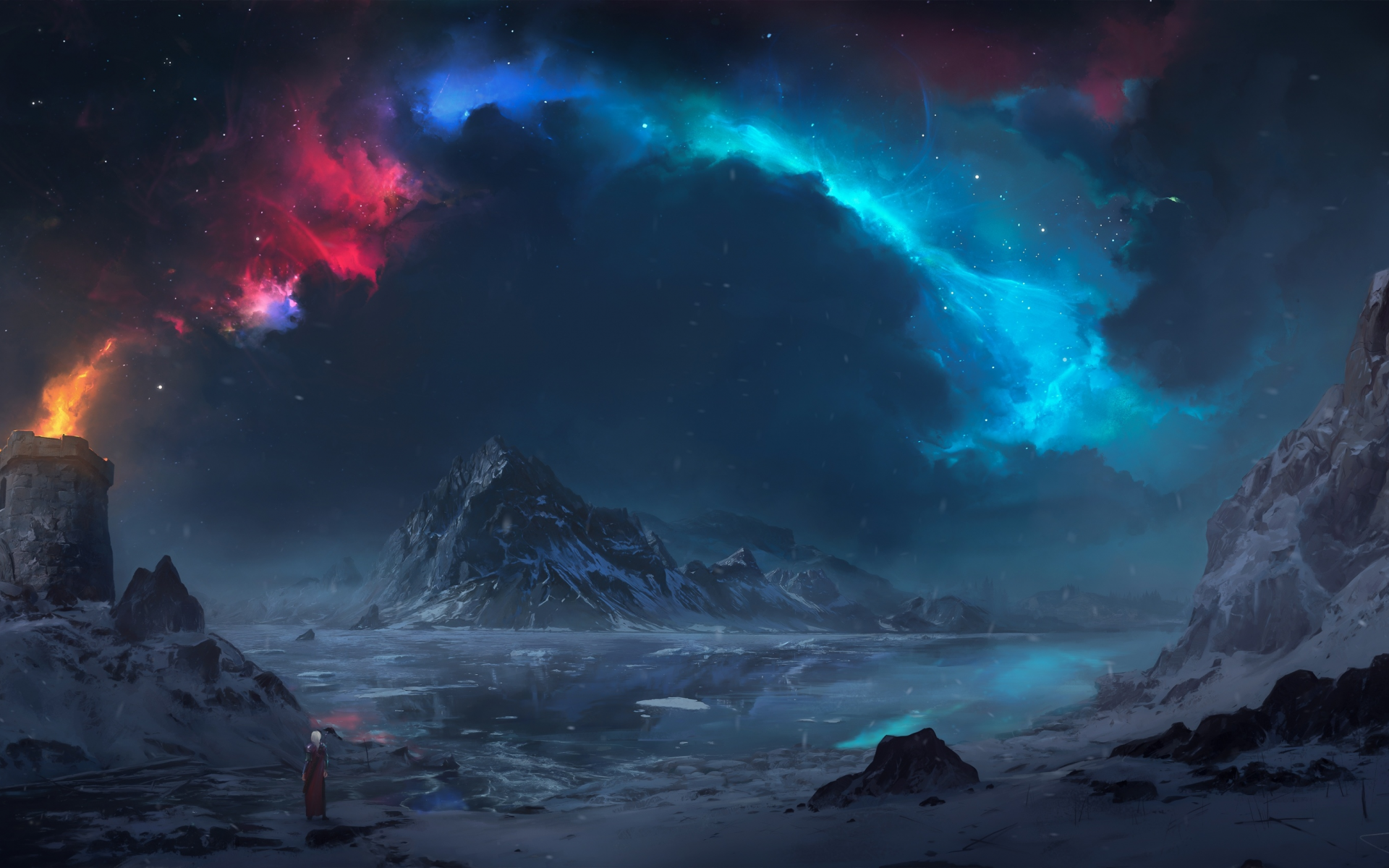 fantasy, landscape, beautiful, nebula, mountains