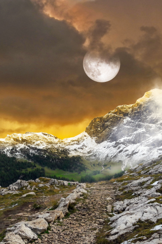 mountains, landscape, full moon, hiking, trail pathway, snow