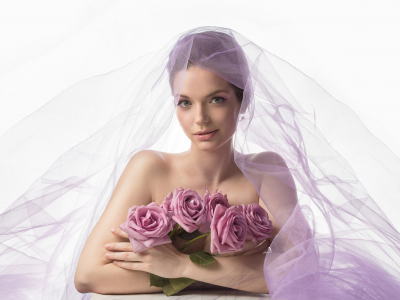 girl, beautiful, cute, bride, veil, flowers, roses