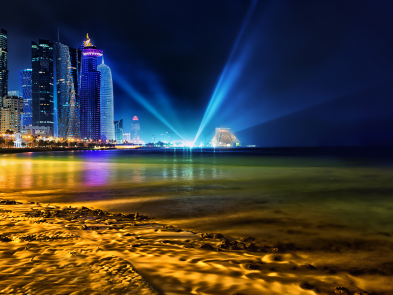 doha, skyline, qatar, cityscape, city, lights, night time, light