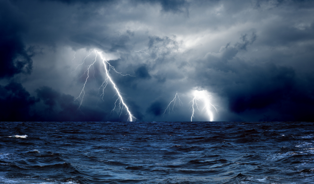 nature, sea, storm, lightning, wave