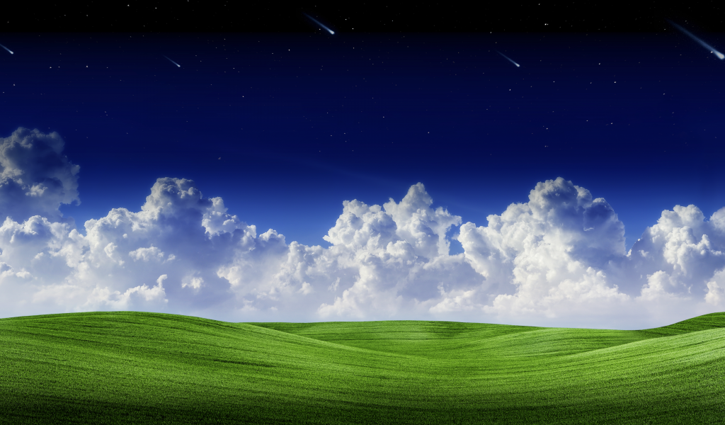 landscape, clouds, green, grass, starry, sky, falling, stars, blue