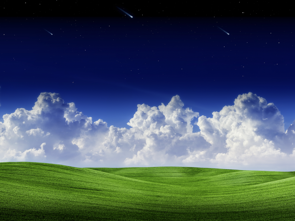 landscape, clouds, green, grass, starry, sky, falling, stars, blue