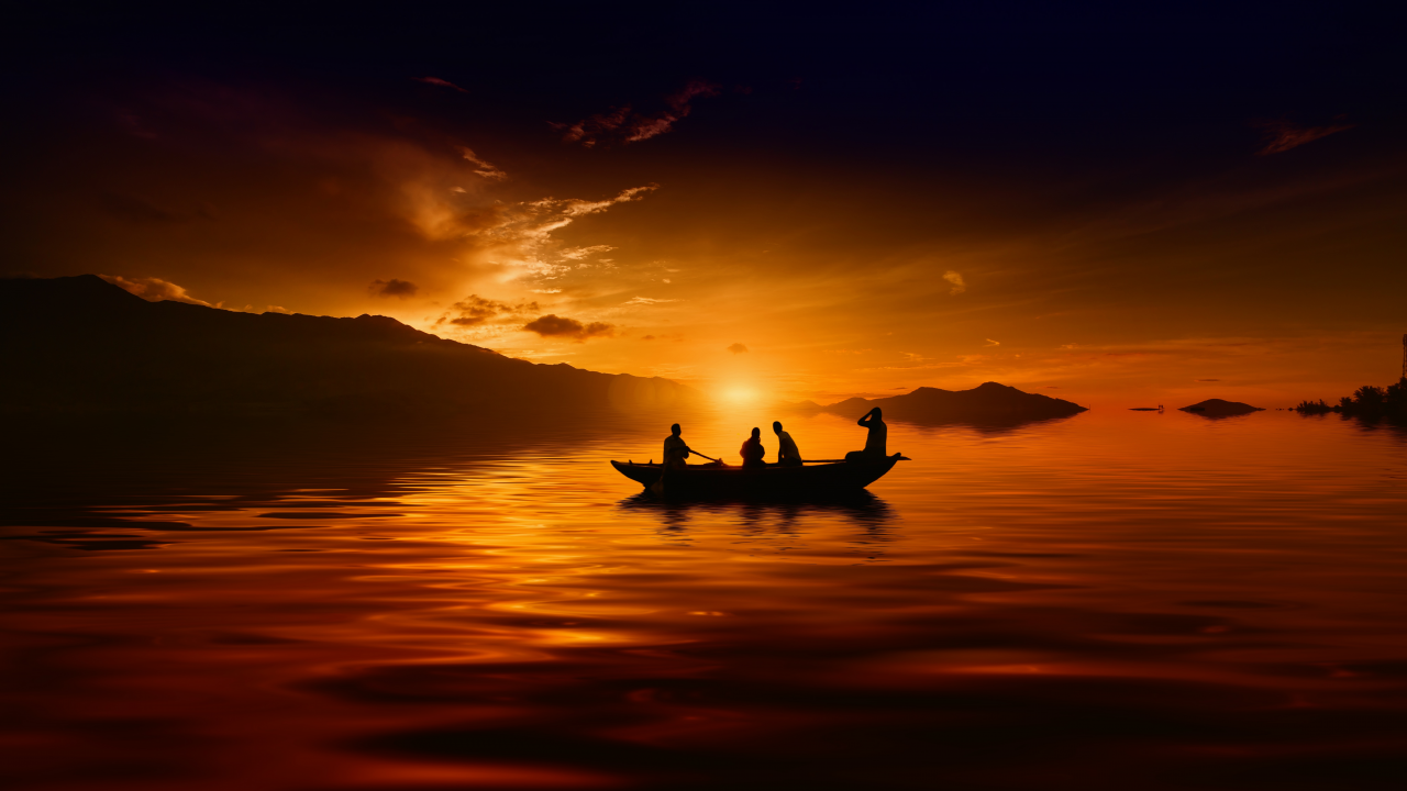 sunset, people, boat, silhouette, dusk