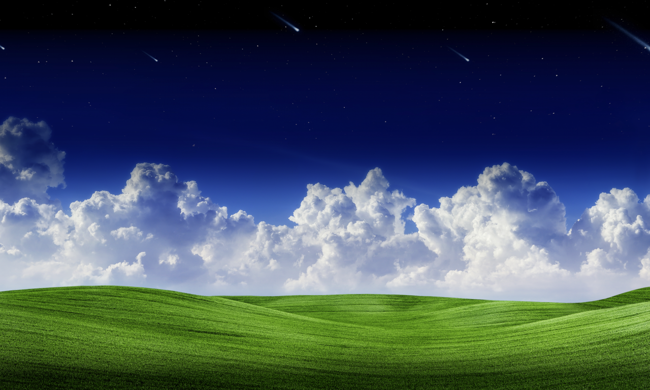 landscape, clouds, green, grass, starry, sky, falling, stars, blue