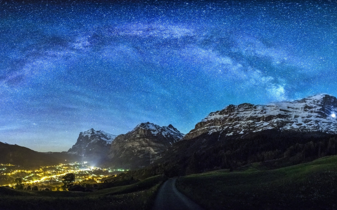 galaxy, panoramas, grass, nature, road, landscape