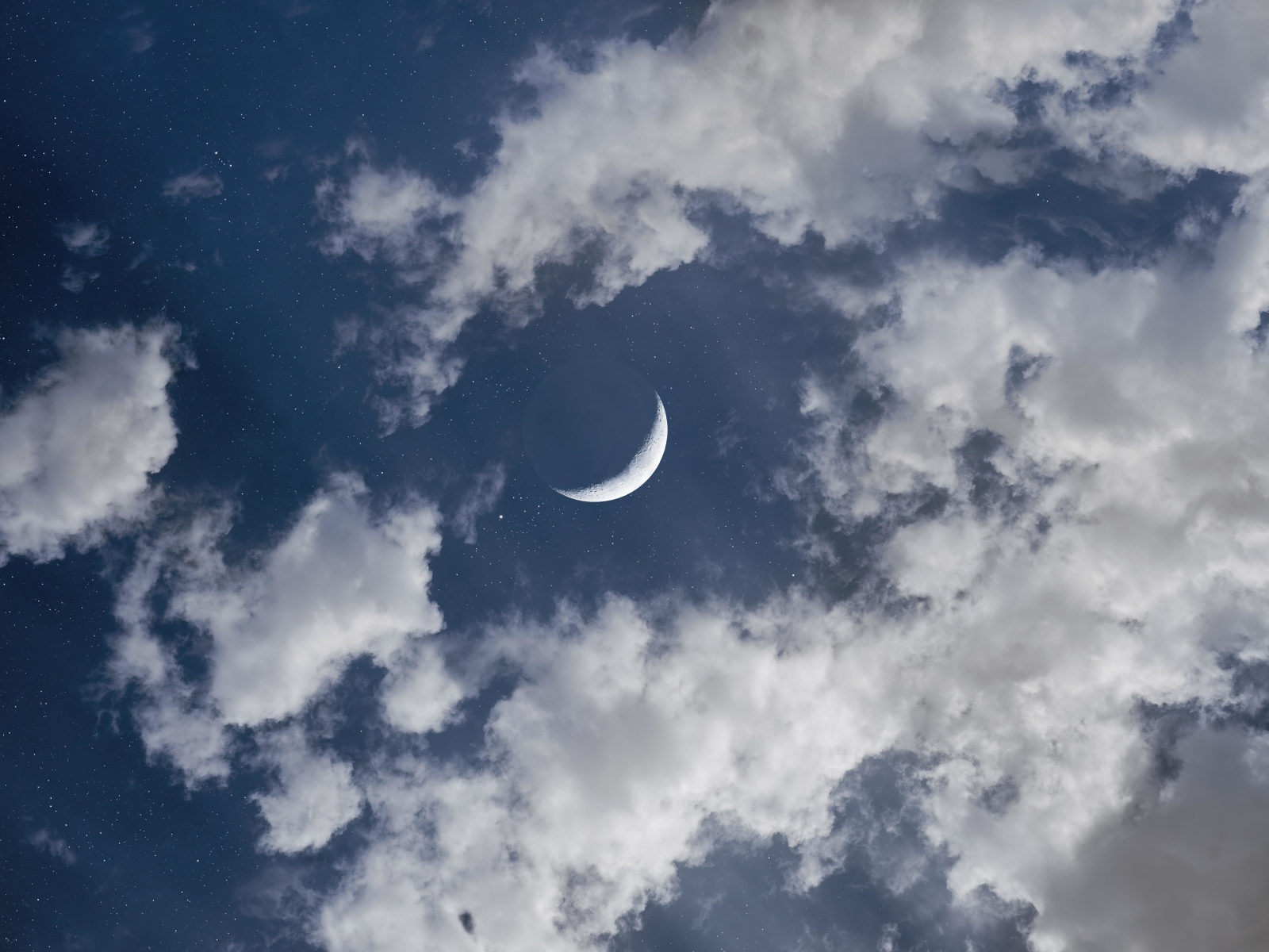crescent, moon, halfmoon, clouds, blue, sky, cosmos, stars