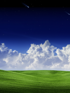 landscape, clouds, green, grass, starry, sky, falling, stars, blue
