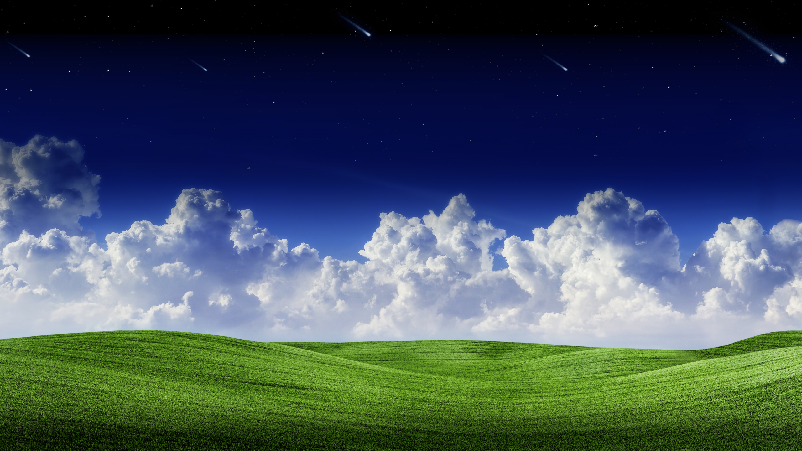 landscape, clouds, green, grass, starry, sky, falling, stars, blue