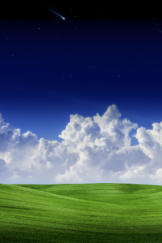 landscape, clouds, green, grass, starry, sky, falling, stars, blue