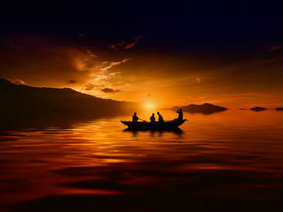 sunset, people, boat, silhouette, dusk