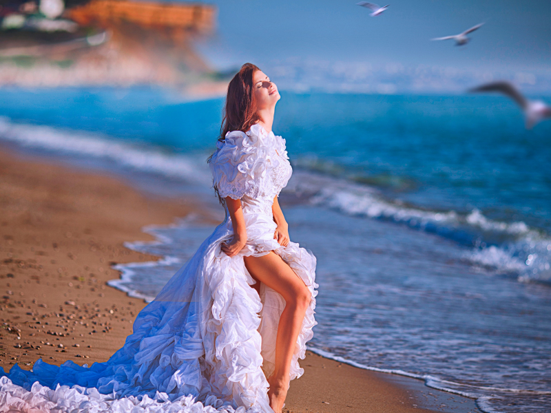 girl, bride, coast, sea