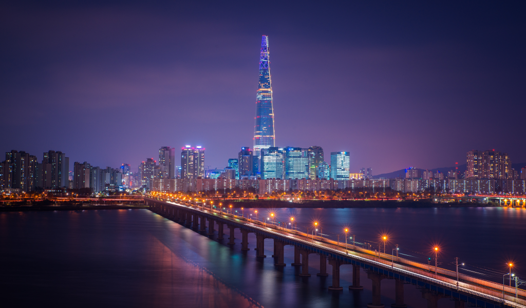 lotte tower, seoul, city, scape, bridge, night, city, lights, south