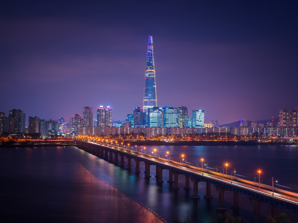 lotte tower, seoul, city, scape, bridge, night, city, lights, south