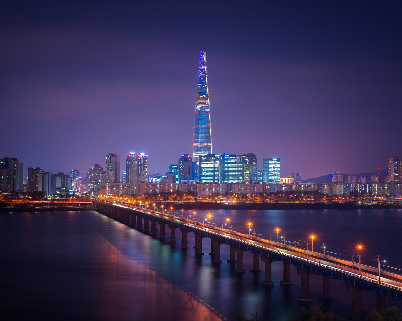 lotte tower, seoul, city, scape, bridge, night, city, lights, south