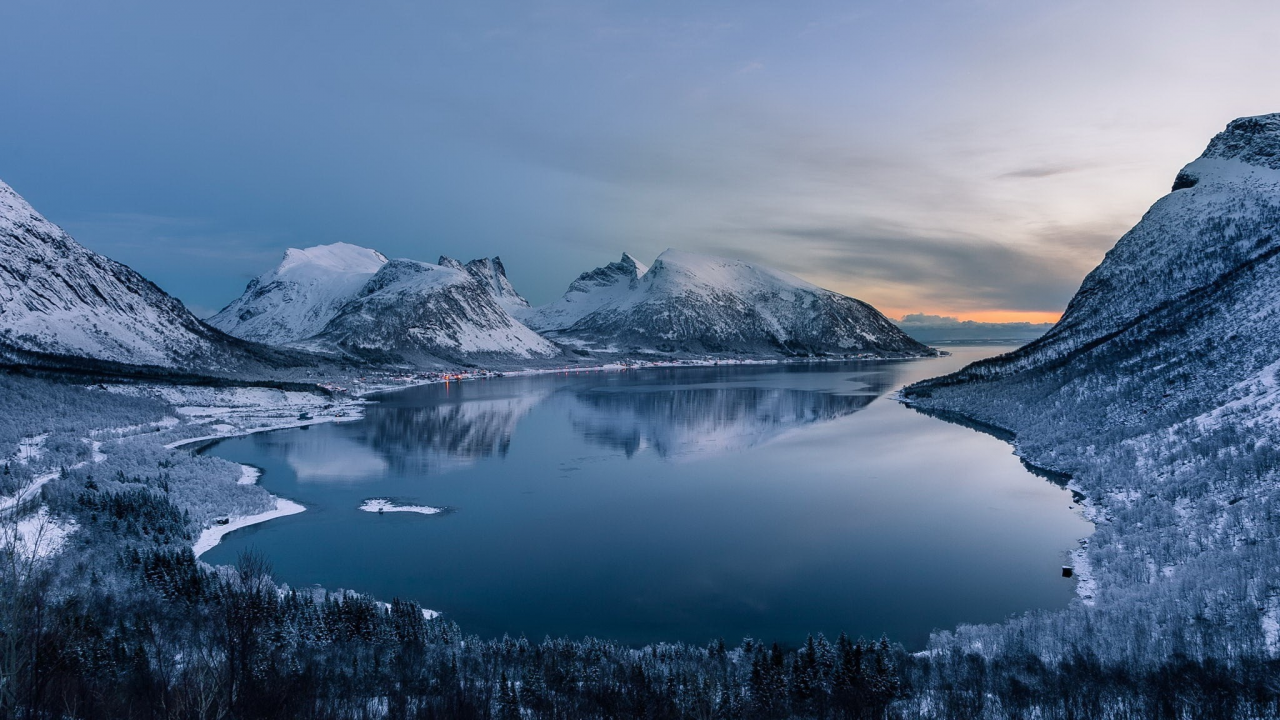 landscape, bay, snow, mountains