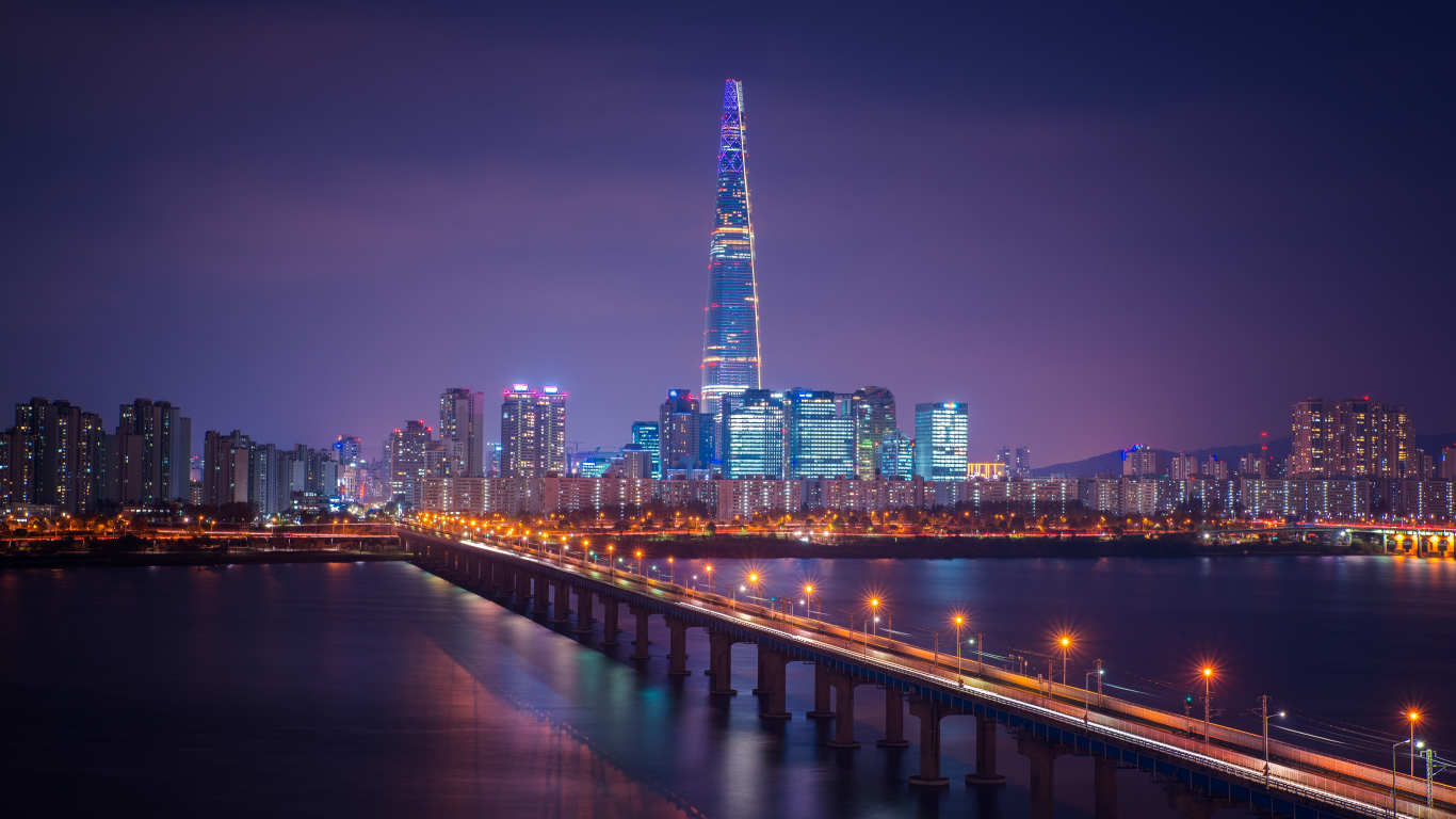 lotte tower, seoul, city, scape, bridge, night, city, lights, south