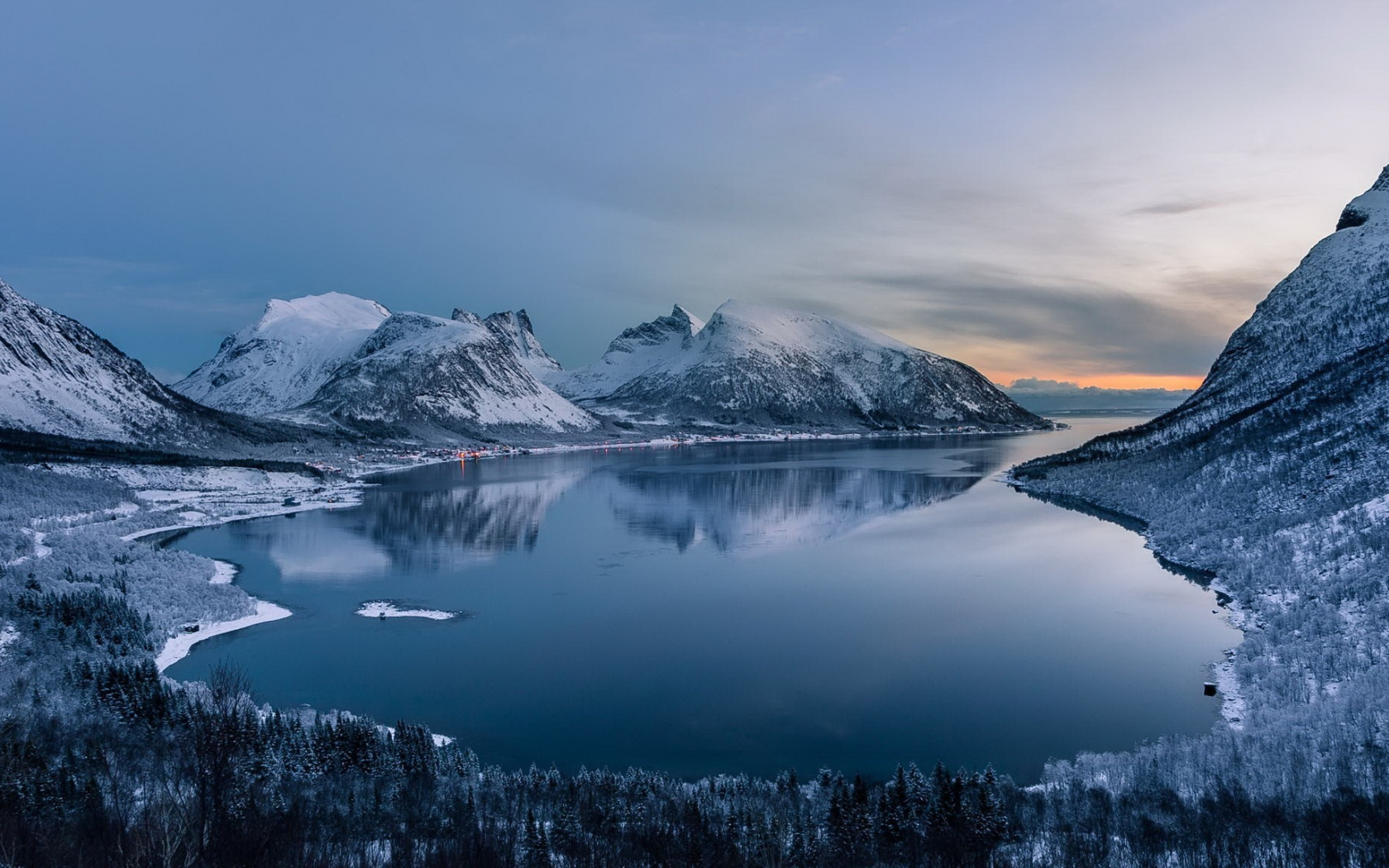 landscape, bay, snow, mountains