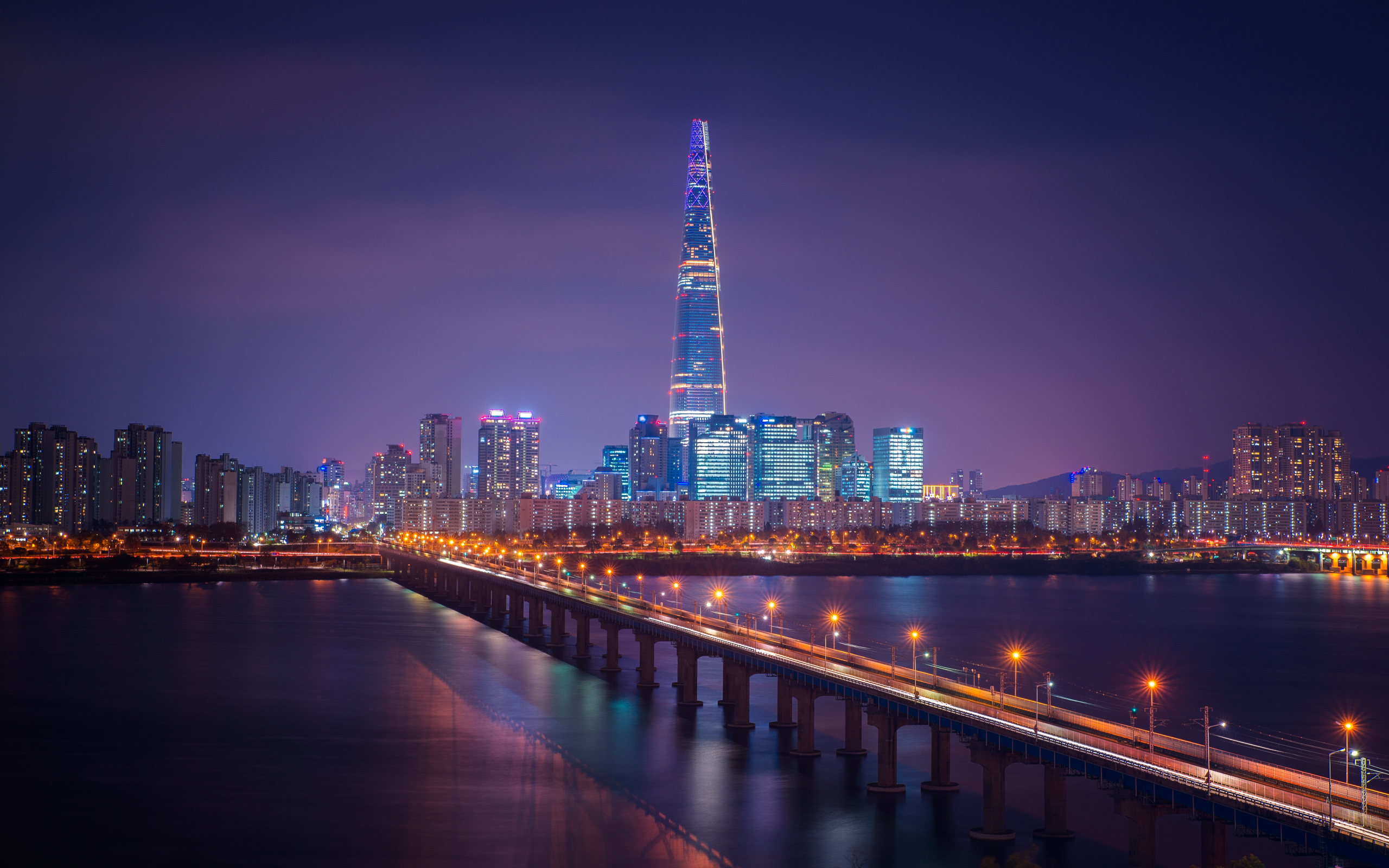 lotte tower, seoul, city, scape, bridge, night, city, lights, south