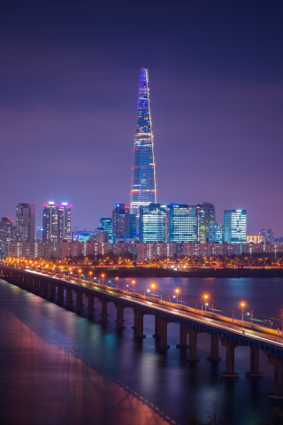 lotte tower, seoul, city, scape, bridge, night, city, lights, south