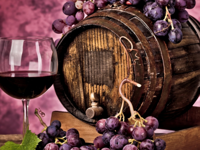 barrel, wine, glass, grapes