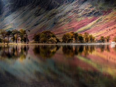 buttermere, lake, england, pine trees, reflection, panoramic