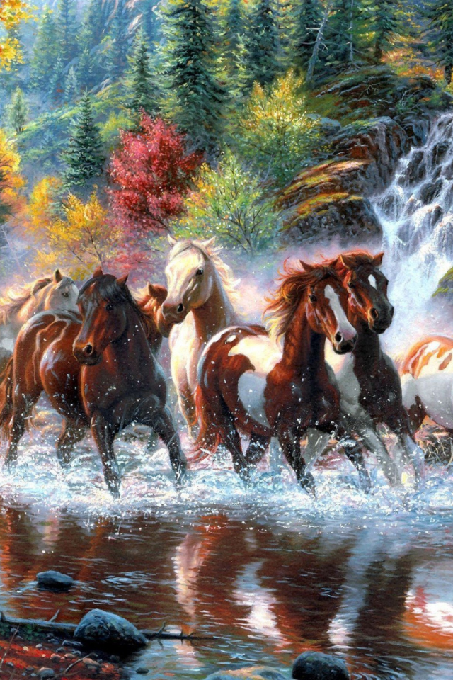 painting, nature, horses, river, forest, running