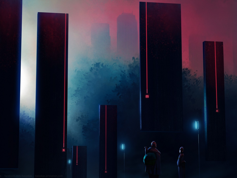 red, pillar, structure, black, cyberpunk