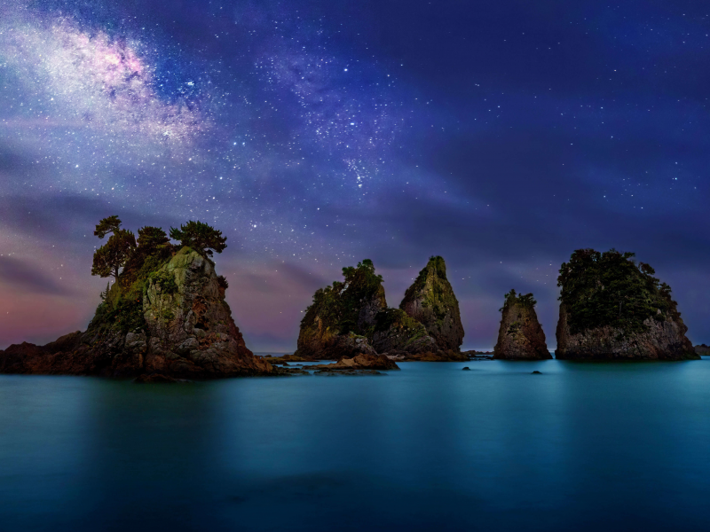 minokake, rock, milky way, dawn, night, sunset, peninsula