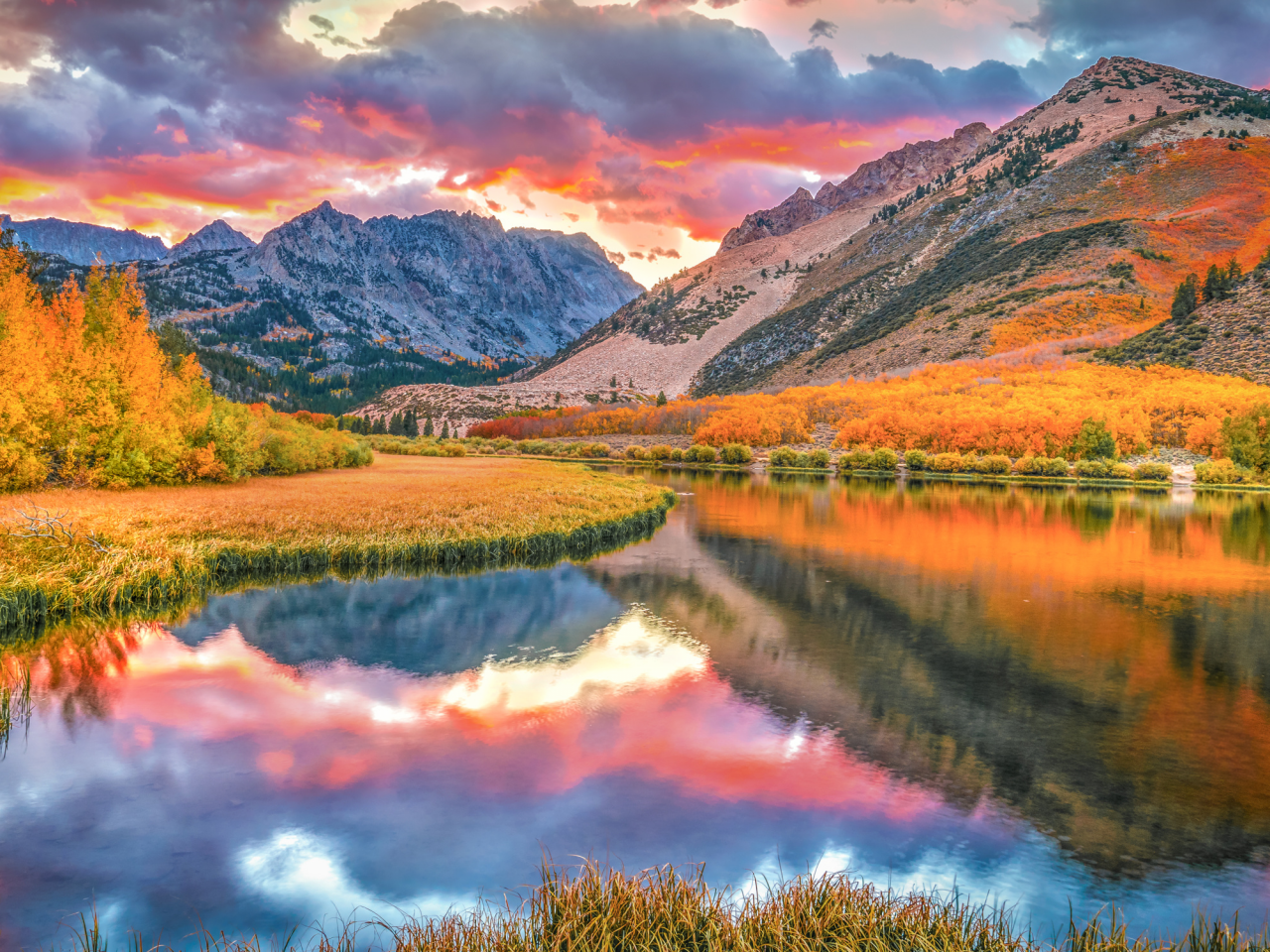 nature, mountains, river, sunset, fall