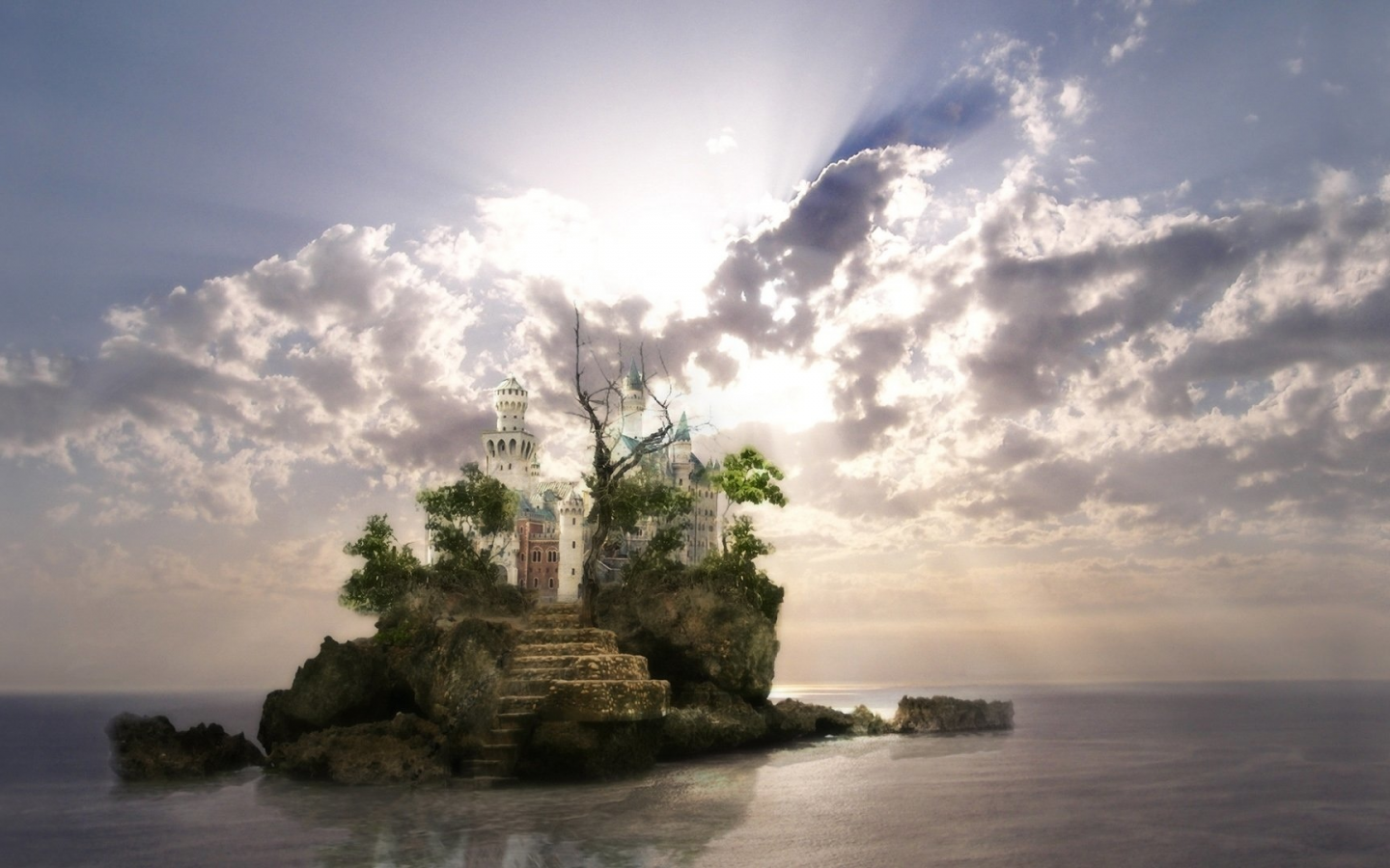 castle, sky, clouds, island