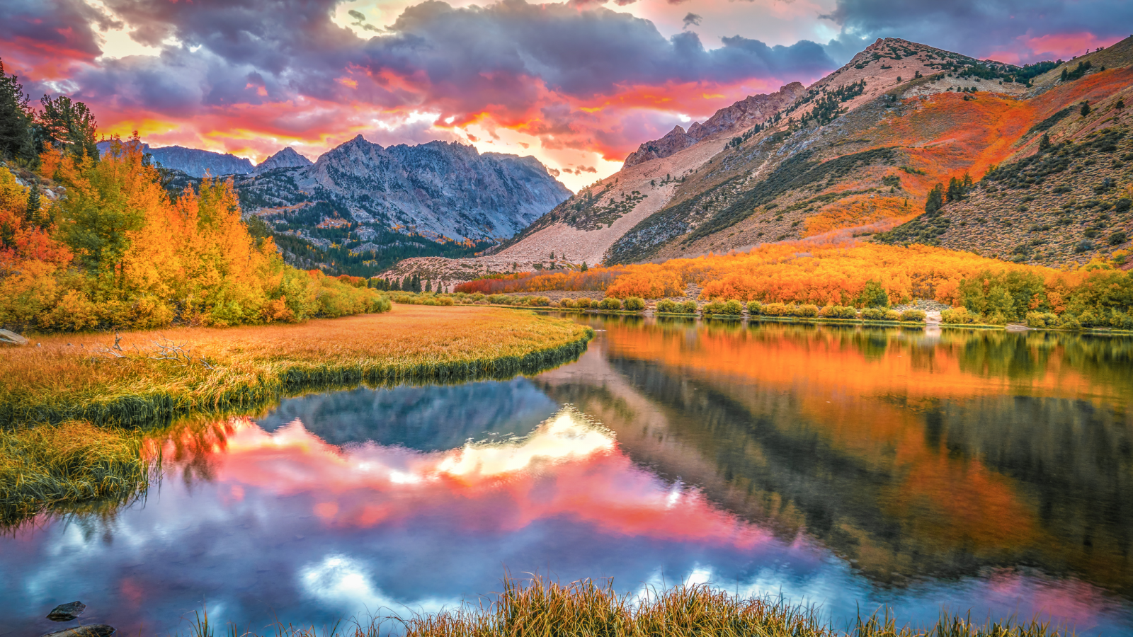 nature, mountains, river, sunset, fall