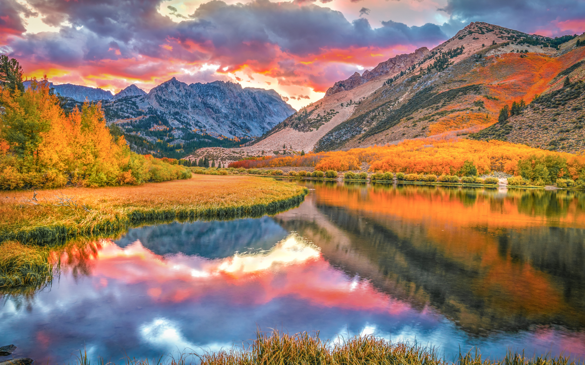 nature, mountains, river, sunset, fall