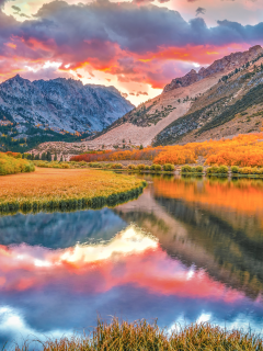 nature, mountains, river, sunset, fall