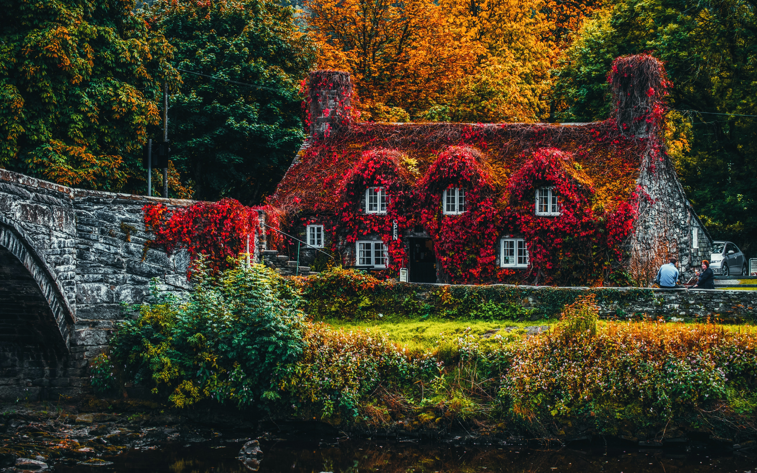 house, covered, trees, autumn, bridge, beautiful, old