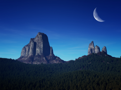 mountain, peaks, crescent, moon, night time, blue sky, landscape