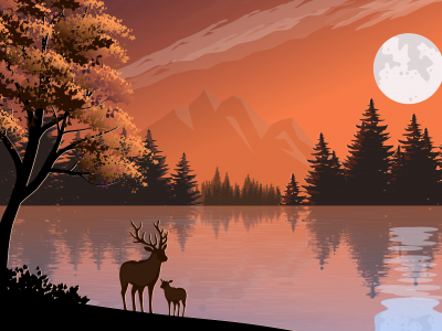 deer, front, lake, digital art