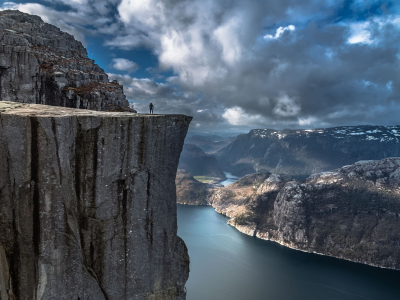 nature, landscape, fjord, alone, cliff, mountain, norway, preikestolen, sea, rock, calm, water, valley, europe, clouds