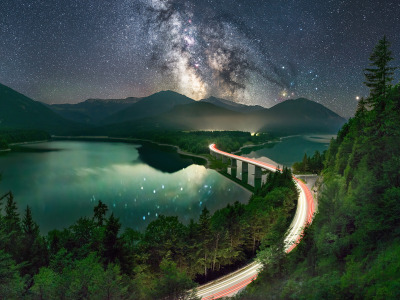 landscape, night, stars, milky way, mountains, bridge, road, lake