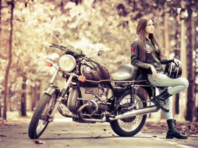 girl, beautiful, sitting motorcycle