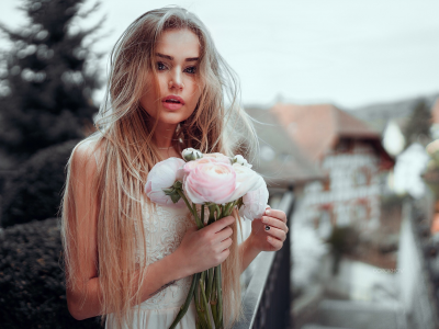 girl, cute, model, bouquet