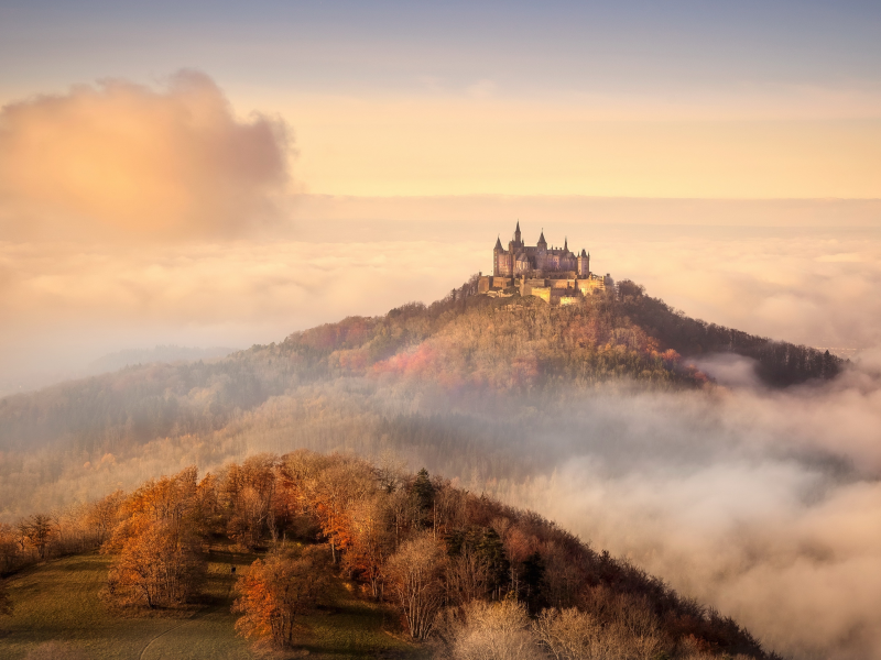 nature, fall, landscape, castle, orange sky, sunlight