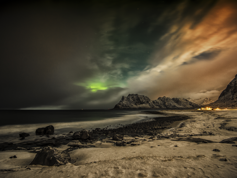 beach, aurora, borealis, lofoten, islands, norway, arctic