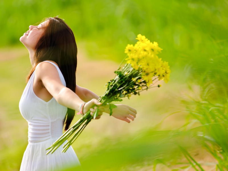 brunette girl, beautiful, flowers