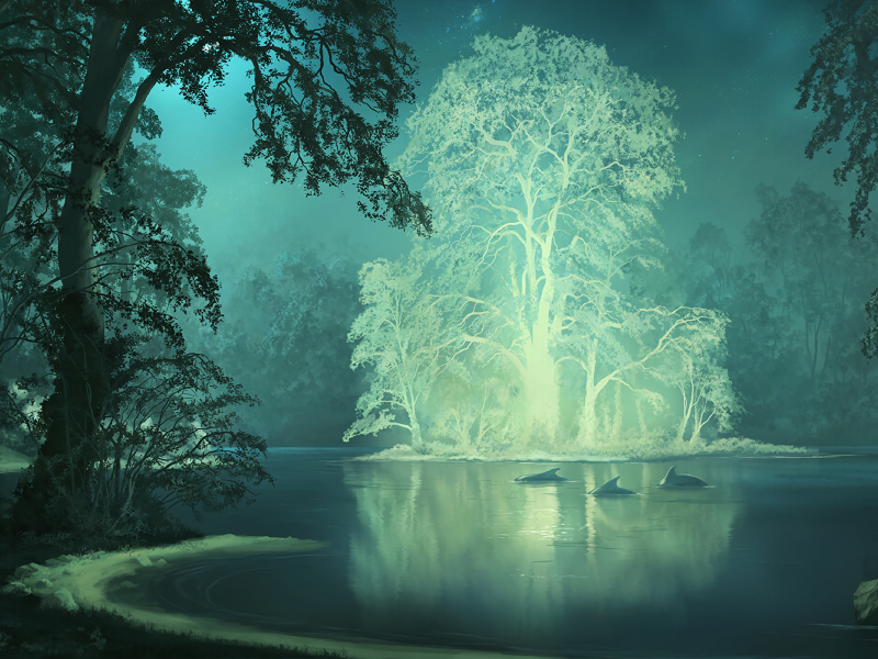 benj, digital, art, fantasy art, trees, dolphin, starry, night, forest